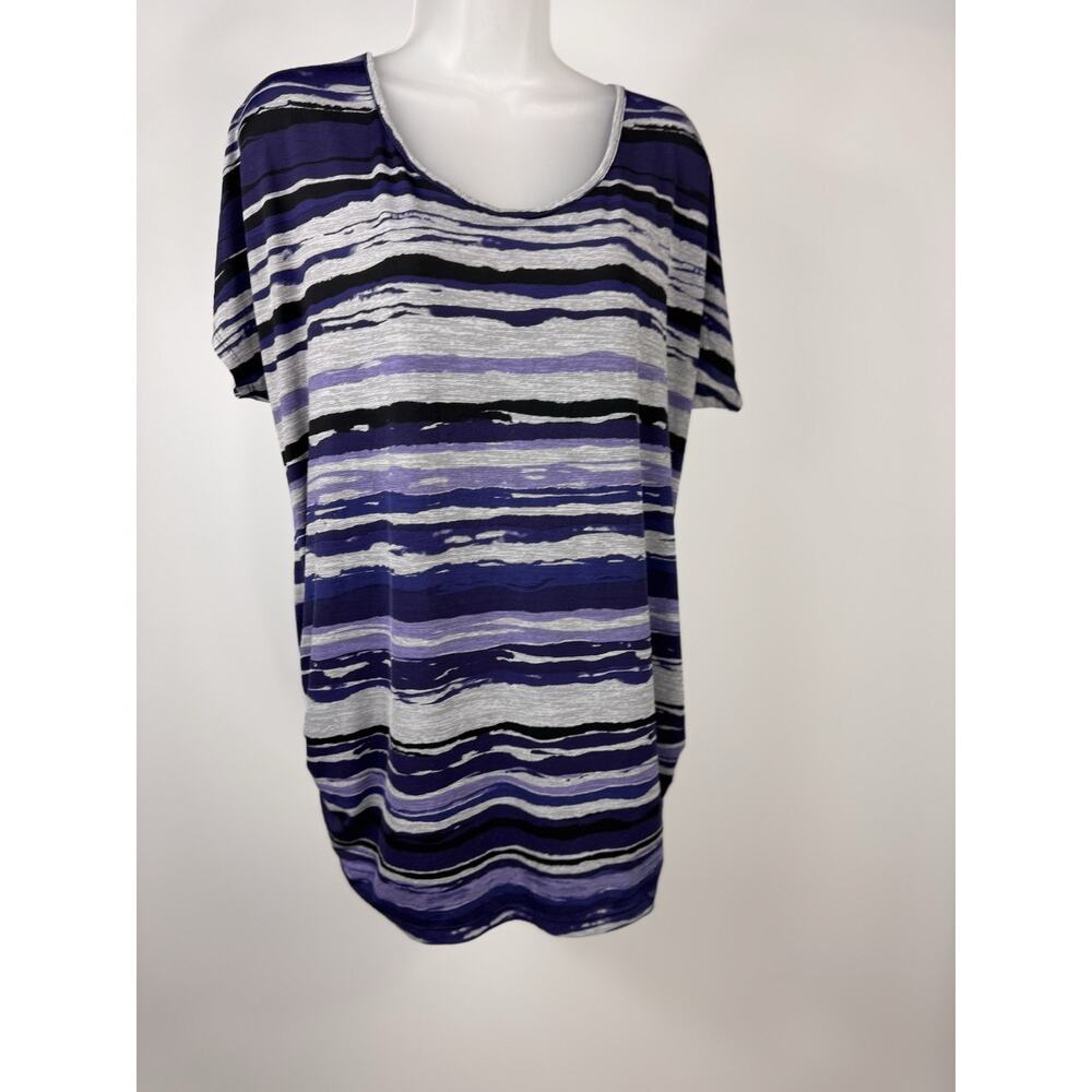 Women's Perseption 1X Blue Stripe Silky Sheer Summer Blouse Keyhole Back